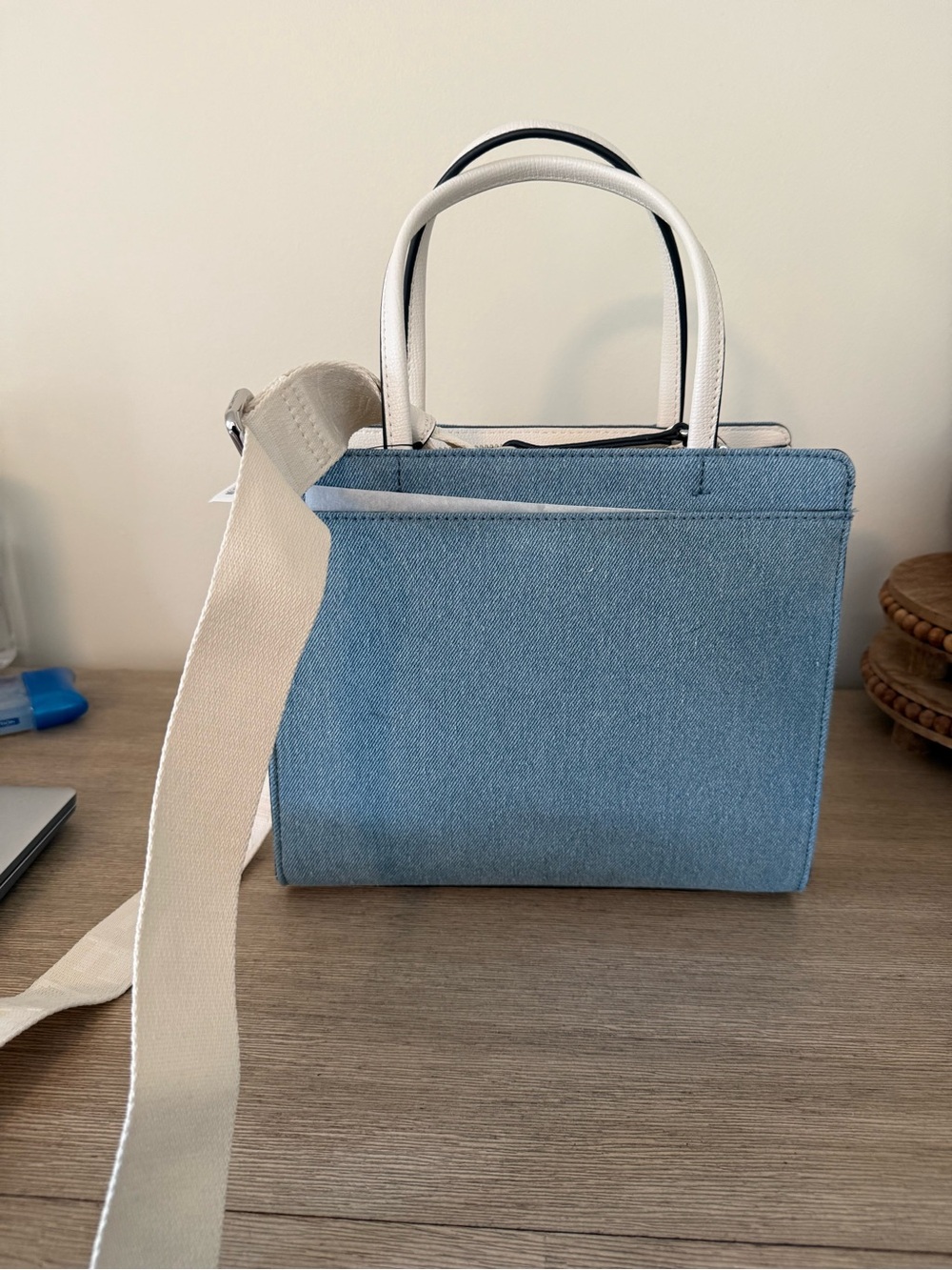 Karl Lagerfeld Denim Satchel with Pearl Stud Accents and White Handles - Picture 3 of 5